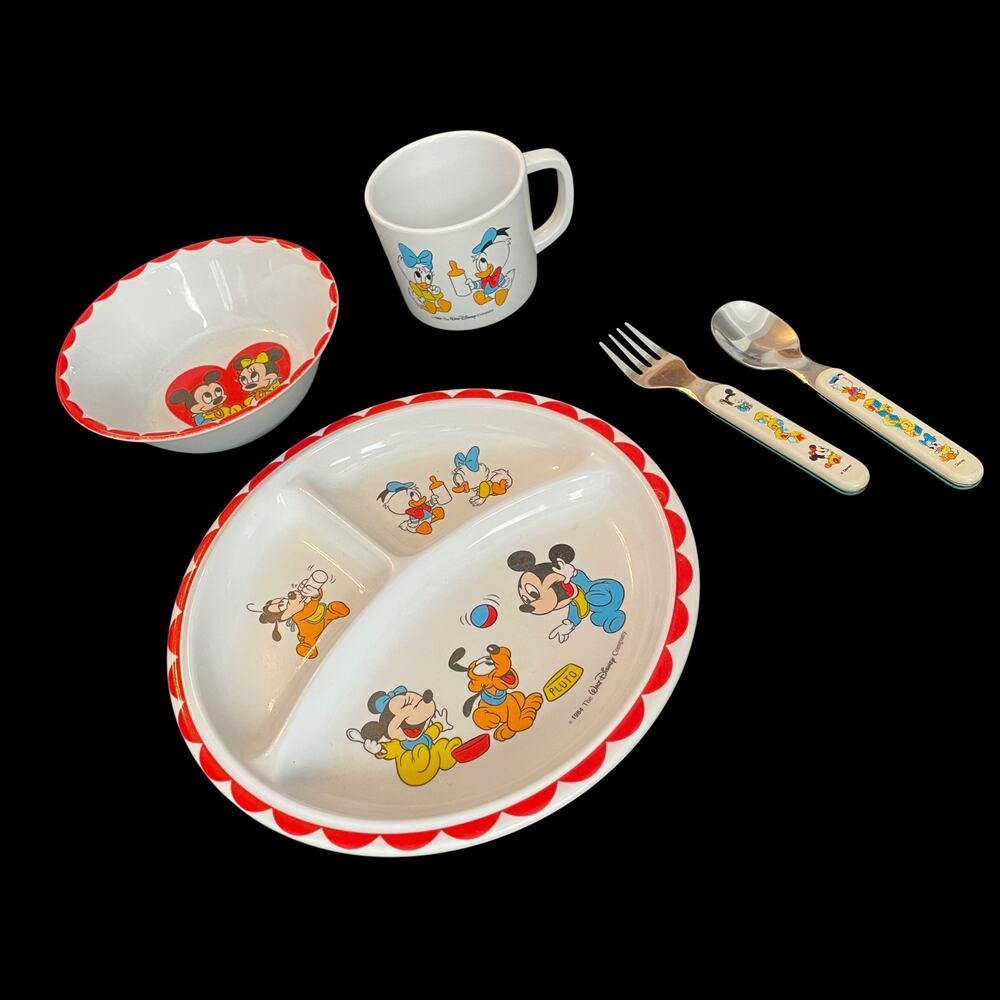 Vintage Disney Child Melamine Dish Set 1980's Utensils Plate Bowl Cup READ